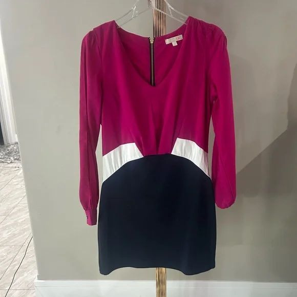 Gianni Bini Pink White Navy Colorblock V-Neck Long Sleeve Dress Size 9 - Picture 3 of 8